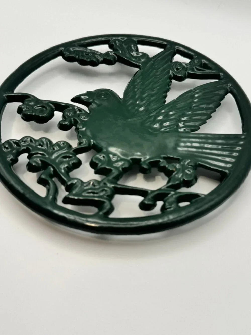Vintage Forest Green Cast Iron Bird Trivet - Footed Hot Plate / Wall Decor